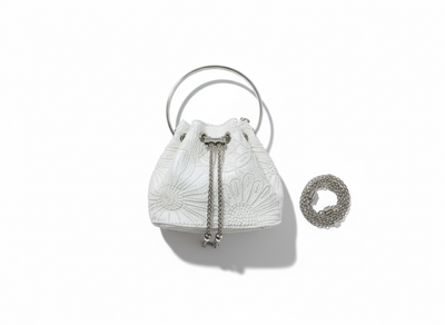 Embroidered Bucket Mini Bag – White Silver 🤍✨ | Elegant Minimal Glam