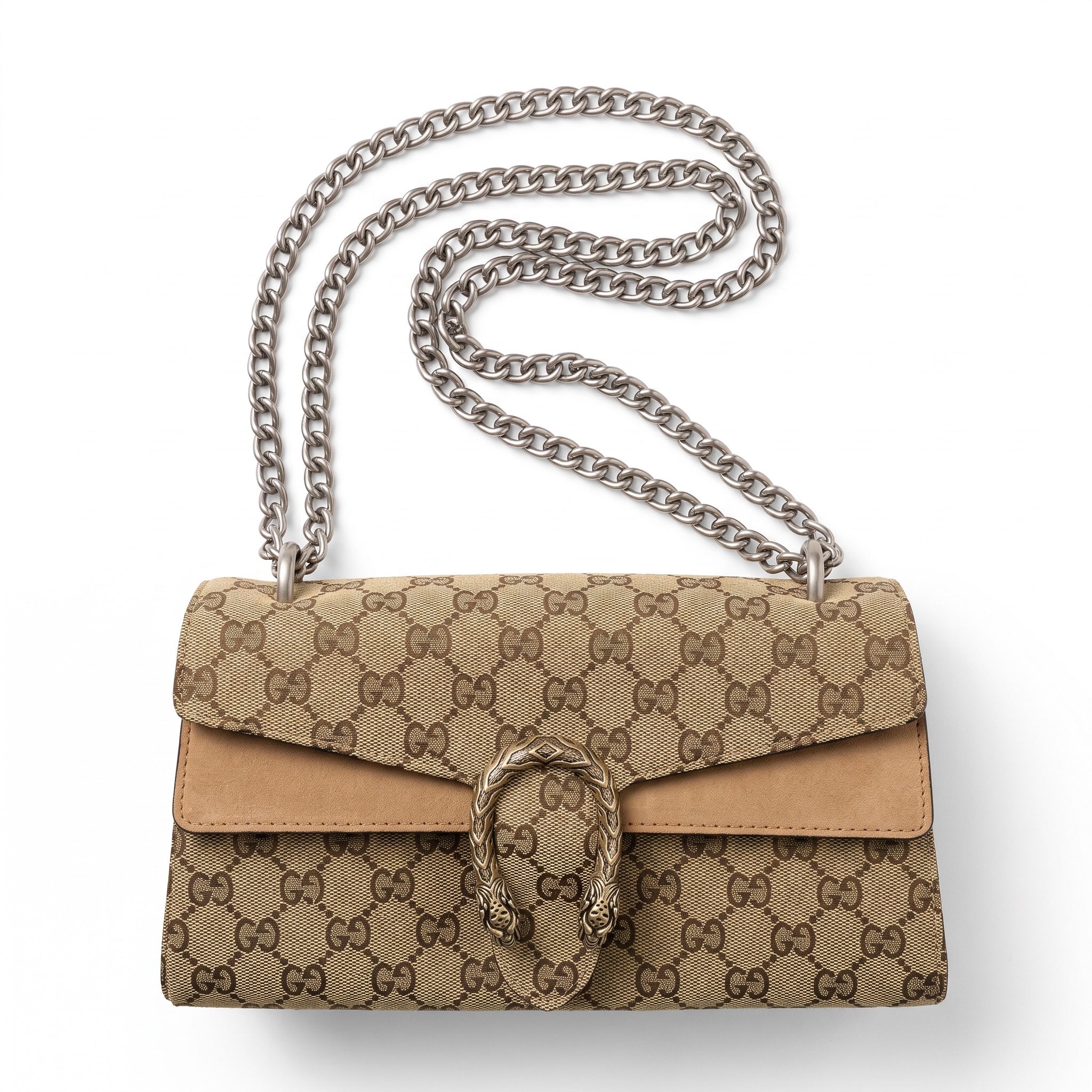 Gucci Dionysus small shoulder bag in beige monogram with double chain handle and tiger head buckle