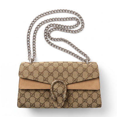 Gucci Dionysus small shoulder bag in beige monogram with double chain handle and tiger head buckle