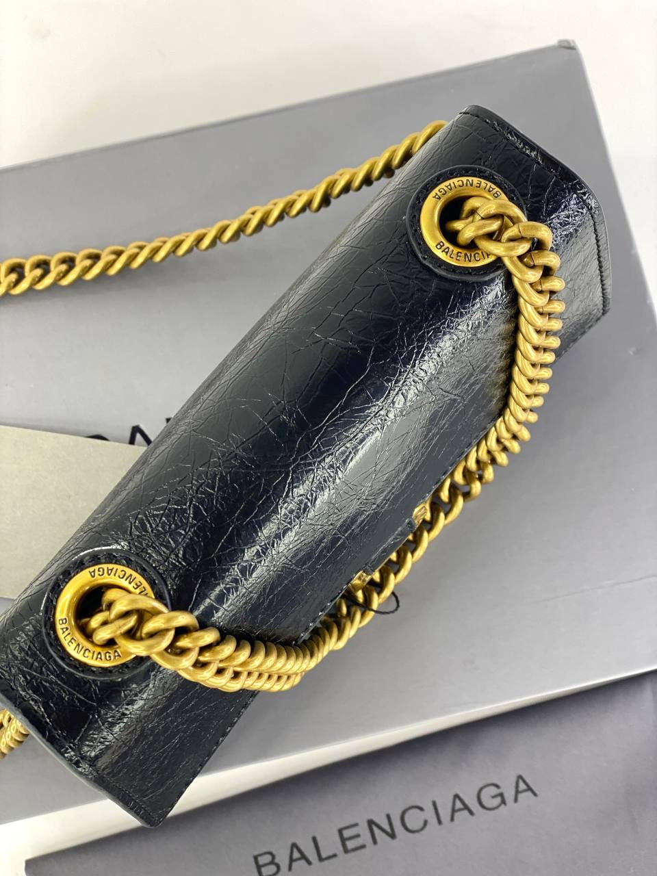 Balenciaga Hourglass Chain Bag in Black Crinkled Leather