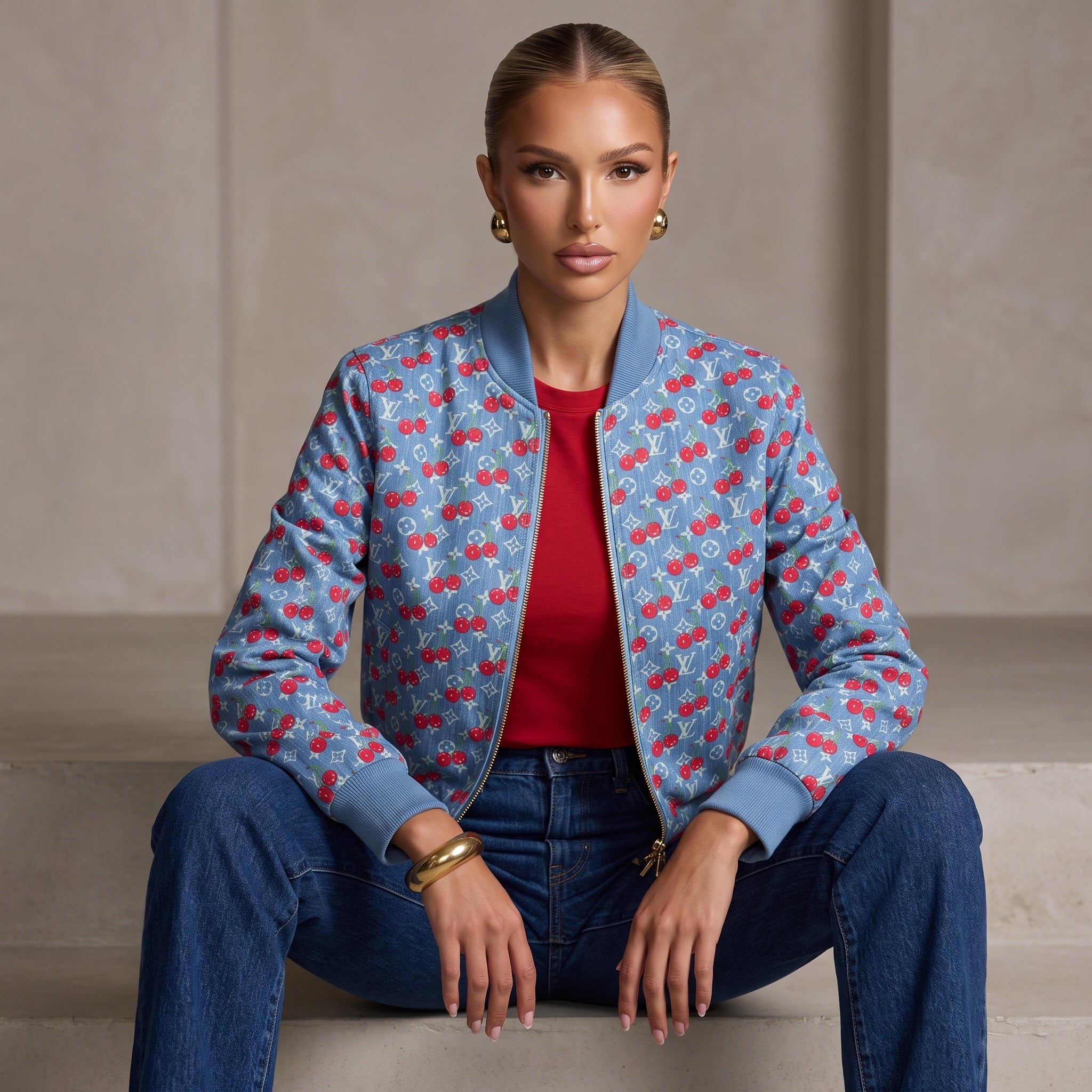 Blue Louis Vuitton bomber jacket with cherry and monogram print