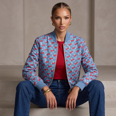 Blue Louis Vuitton bomber jacket with cherry and monogram print