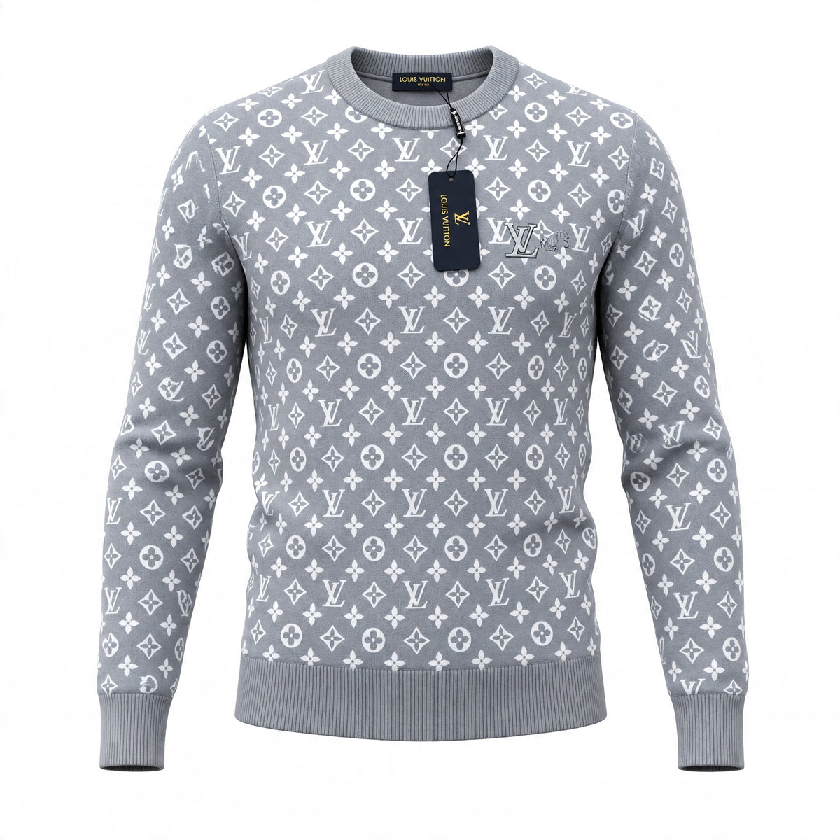 Grey Louis Vuitton crewneck sweater with white monogram pattern and ribbed cuffs