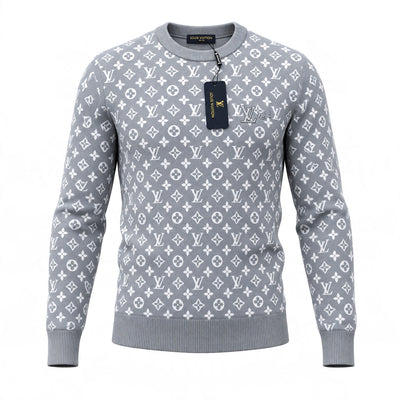 Grey Louis Vuitton crewneck sweater with white monogram pattern and ribbed cuffs