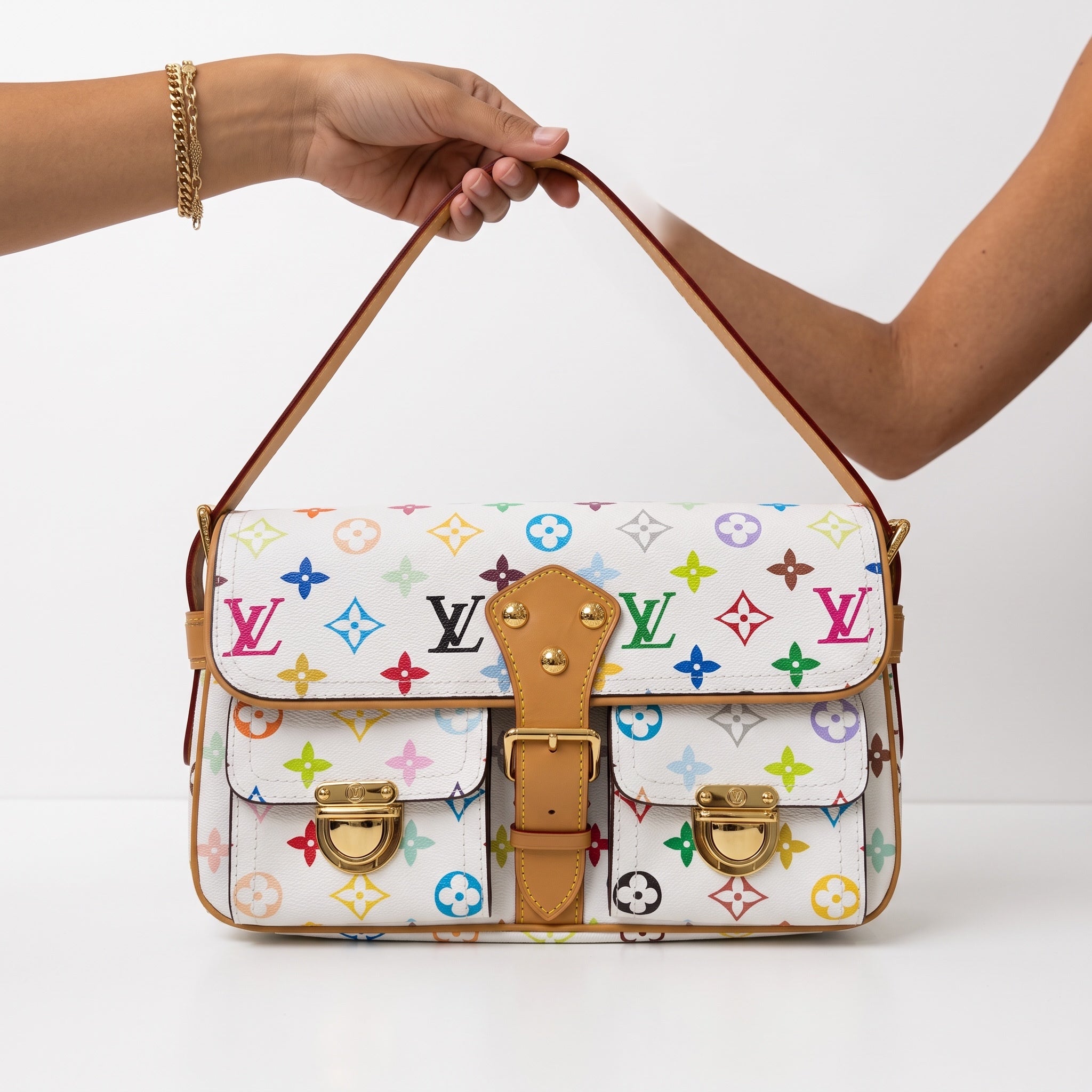 White Louis Vuitton satchel with multicolor monogram, tan trim and gold hardware