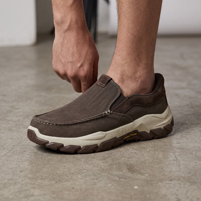 brown Skechers slip-on sneaker with chunky Goodyear sole