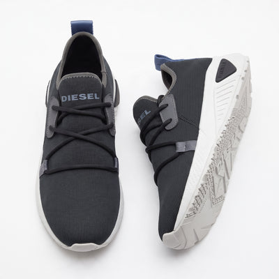 Diesel black low-top knit sneakers with white chunky sole and Diesel logo