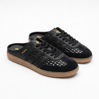 Black Adidas Samba sneakers with woven upper and gum sole