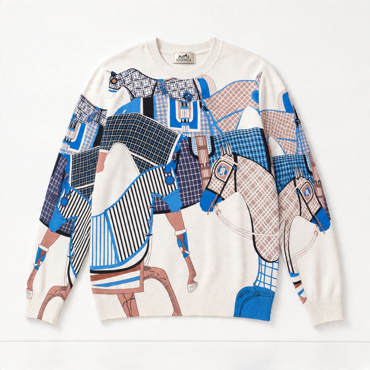 Hermès cream sweatshirt with blue and tan equestrian horse print