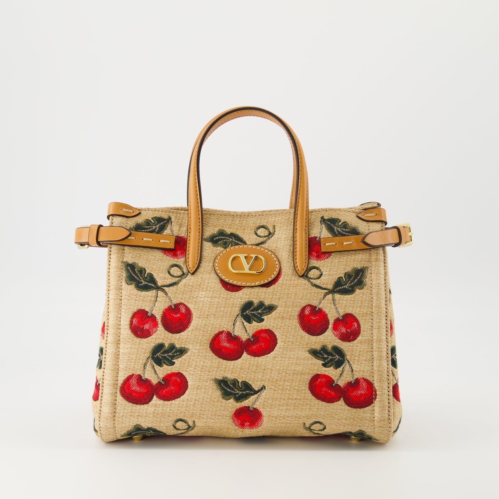 🍒 Valentino Cherry Embroidered Tote Bag – Beige