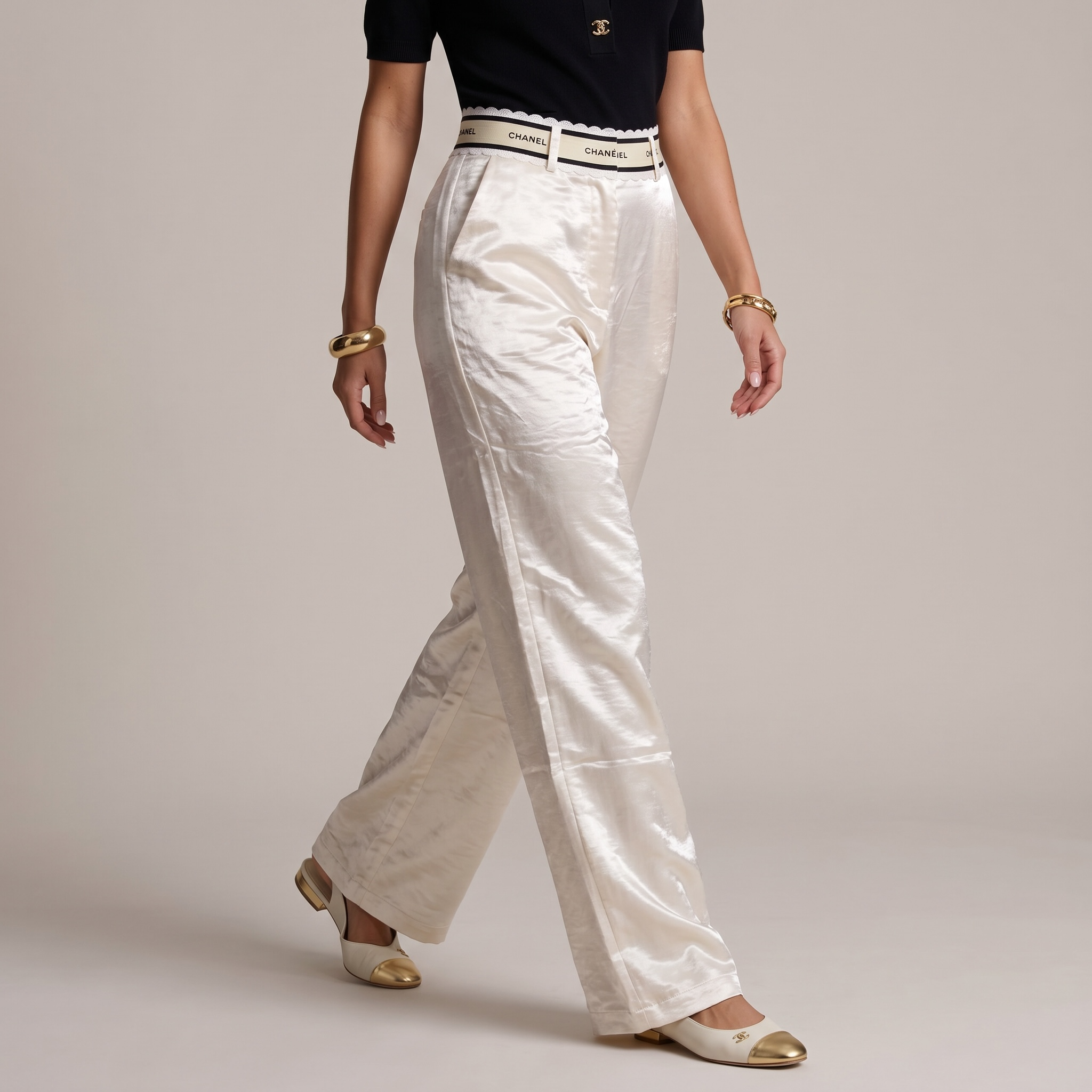 Chanel Pearl Satin Wide-Leg Trousers 🤍✨