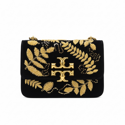 Tory Burch Embroidered Velvet Shoulder Bag – Black & Gold Luxe ✨🖤
