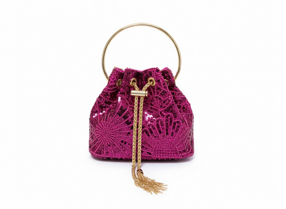 Luxury Fuchsia Beaded Bucket Bag 💖✨ | Gold Handle Statement Piece