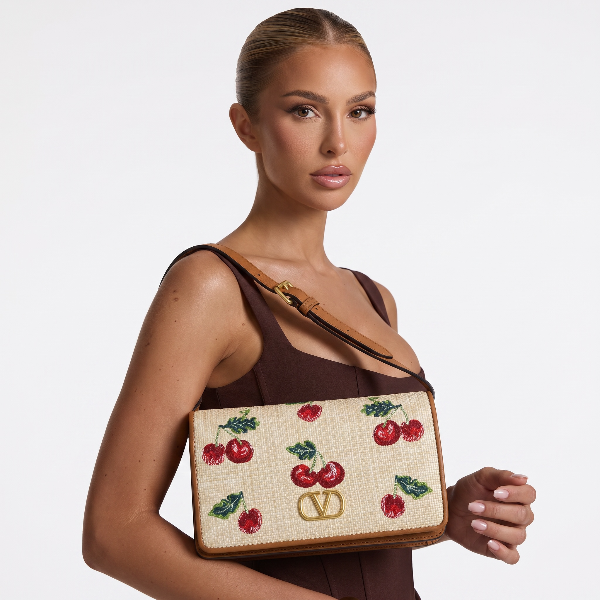 🍒 Valentino Cherry Embroidered Shoulder Bag – Ivory & Tan