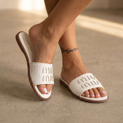 Miu Miu Embroidered Logo Slide Sandals – Elegant Summer Comfort 🤍