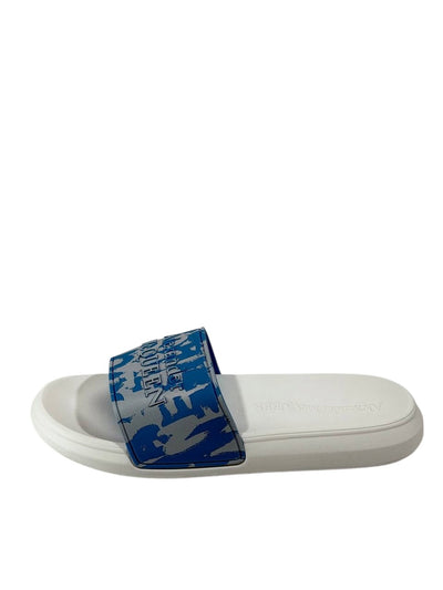 Alexander McQueen Urban Graphic Slide Sandals – Blue & White Luxury Streetwear 💙✨