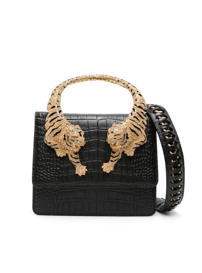 👜 Roberto Cavalli Black Snake-Effect Top Handle Bag with Tiger Head Handle