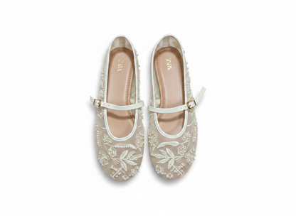 Zara Pearl Embroidered Mesh Mary Jane Flats ✨🤍