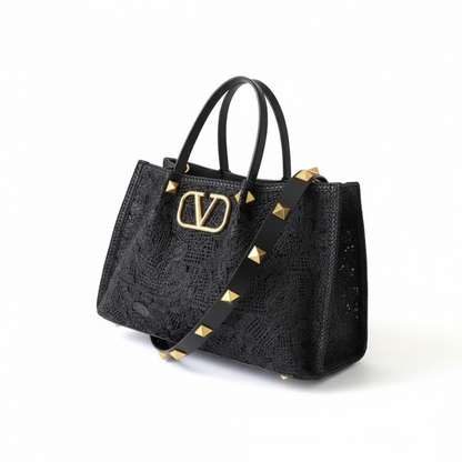 Valentino Garavani Black Lace Tote – VLogo Rockstud Strap 🖤✨