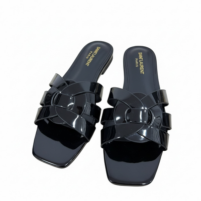 SAINT LAURENT Interlaced Patent Slides 🖤✨ | Glossy Statement Flats
