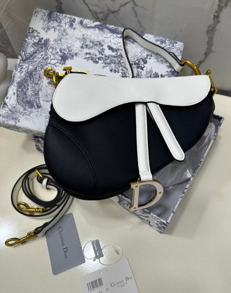 Dior Saddle Bag in Black and White Leather with Gold Hardware