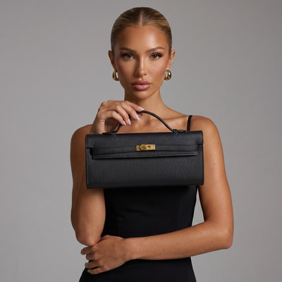 🖤 Hermès Black Leather Kelly Style Clutch