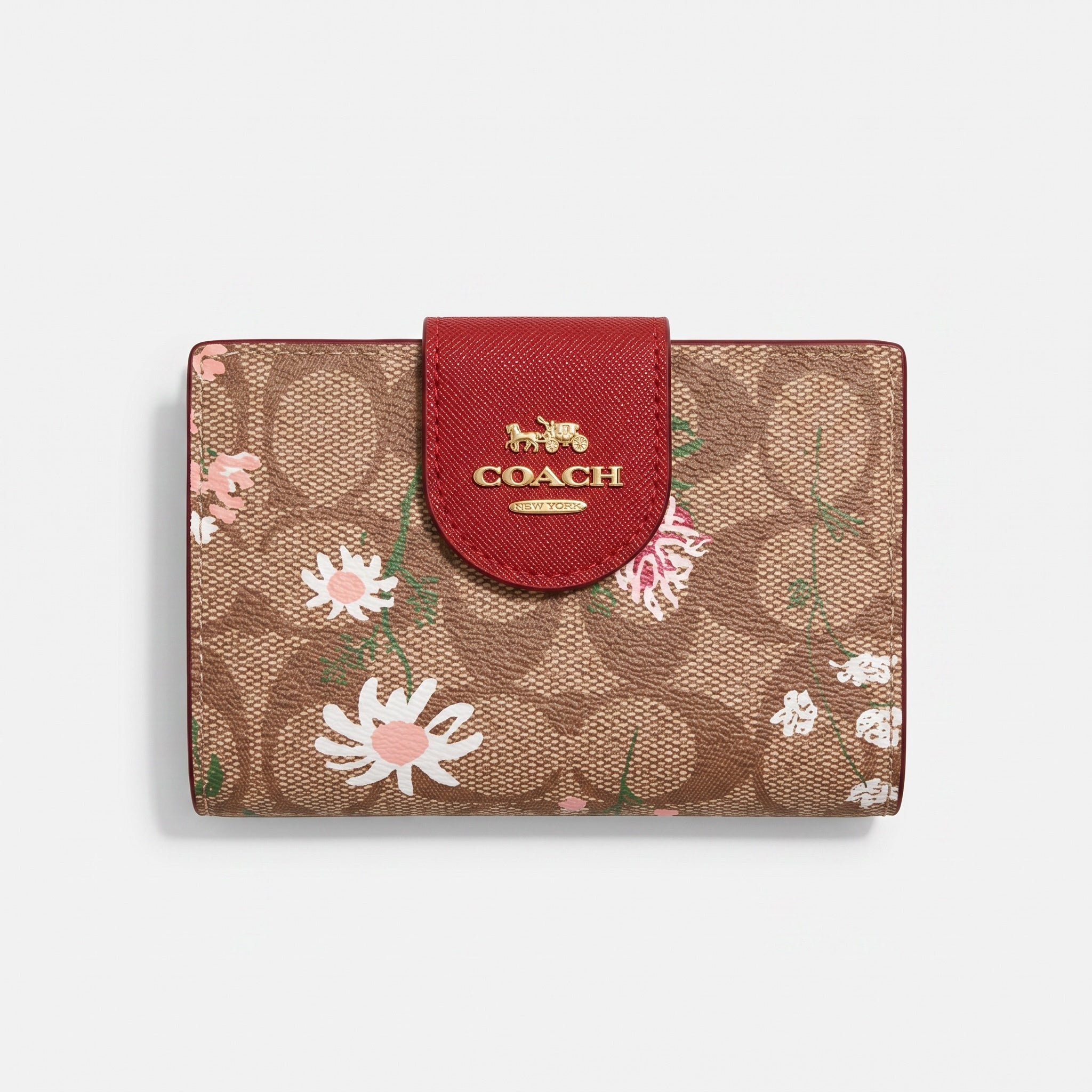Coach floral card case with red tab and gold logo