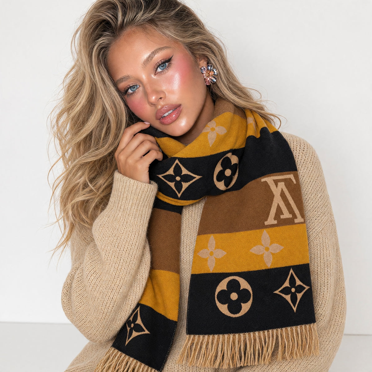 camel Louis Vuitton monogram scarf with fringe