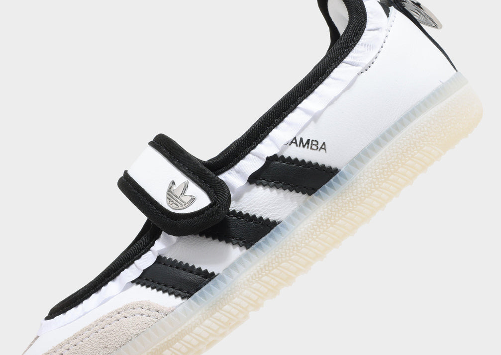 Adidas Samba Mary Jane white with black stripes and heart heel charms