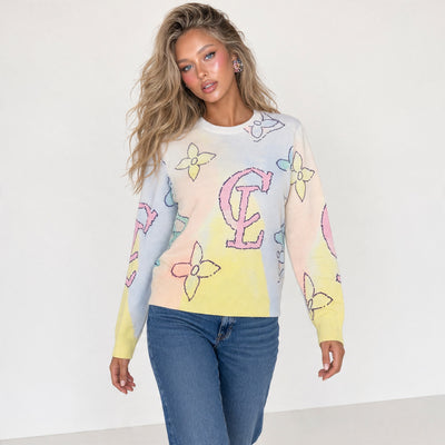 Pastel multicolor crewneck sweater with oversized monogram and floral motifs