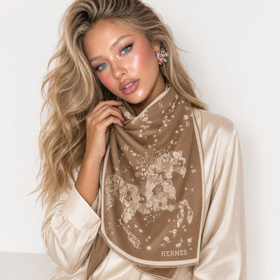 brown Hermes scarf with floral print and H logo draped around model