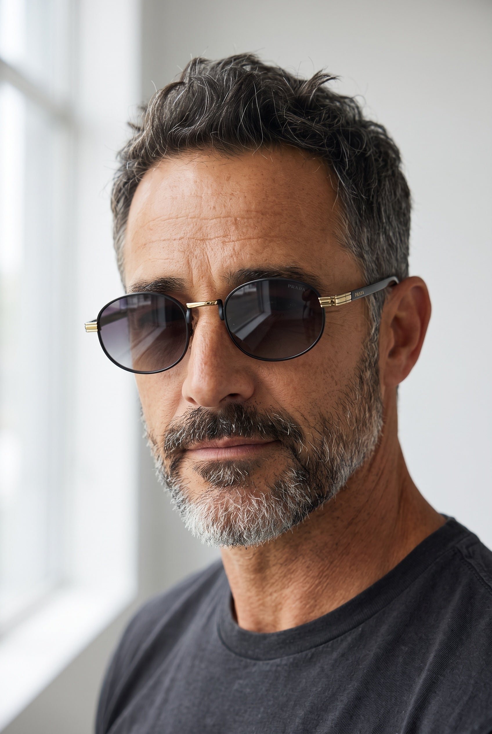 Prada round black sunglasses with gold temple details