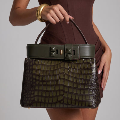 Olive croc-effect Valentino top-handle tote with pyramid studs and gold hardware