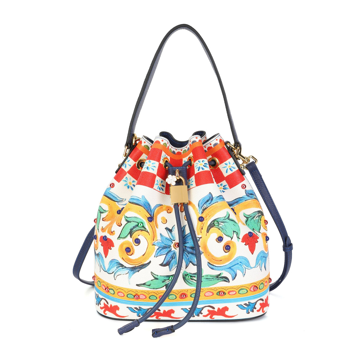 Dolce & Gabbana colorful baroque drawstring bucket bag with padlock charm