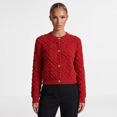 red Louis Vuitton textured knit cardigan with gold buttons