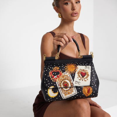 Dolce&Gabbana black Sicily top-handle bag with polka dot and tarot card print, gold hardware