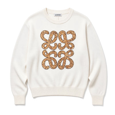 Cream Loewe crewneck sweater with gold sequin anagram on front