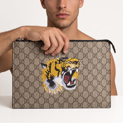 Gucci beige GG monogram pouch with embroidered tiger and top zipper