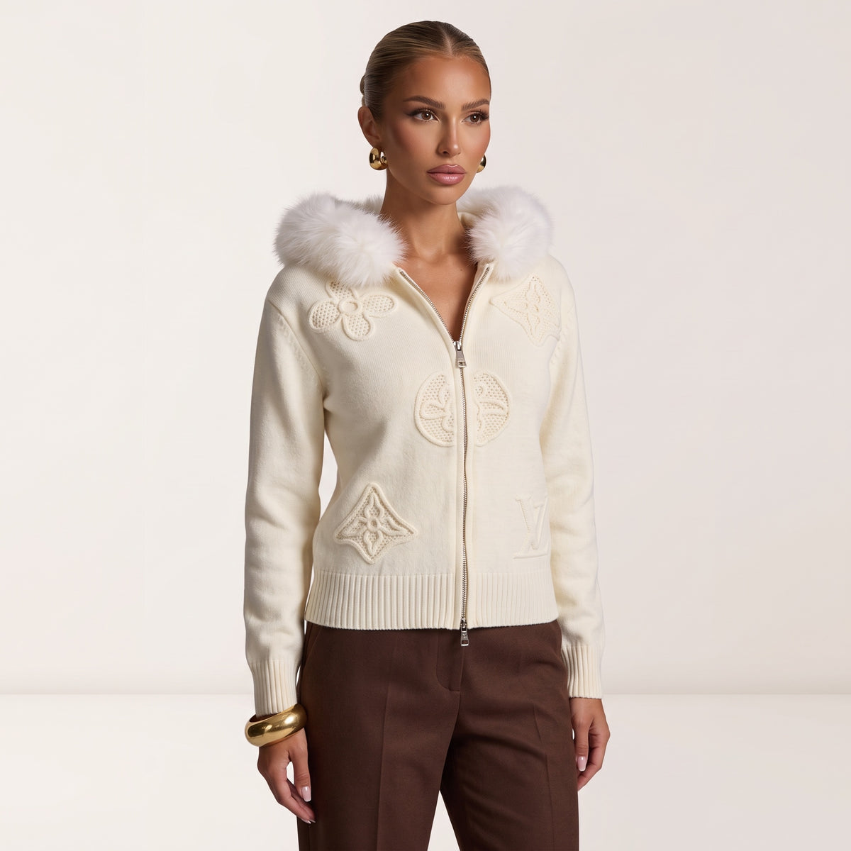 Ivory Louis Vuitton hooded zip jacket with fur-trim hood and appliqué motifs