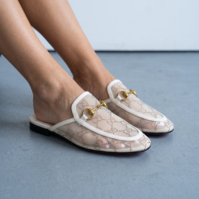 Gucci ivory beaded mesh mule with gold horsebit hardware