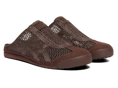 Onitsuka Tiger brown open-knit slip-on mule shoe shown from multiple angles
