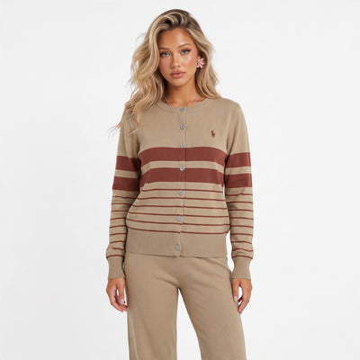 Ralph Lauren khaki and brown striped button cardigan with embroidered pony