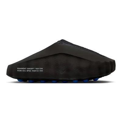 Black Nike Mind slip-on clog with blue circular pods on the sole