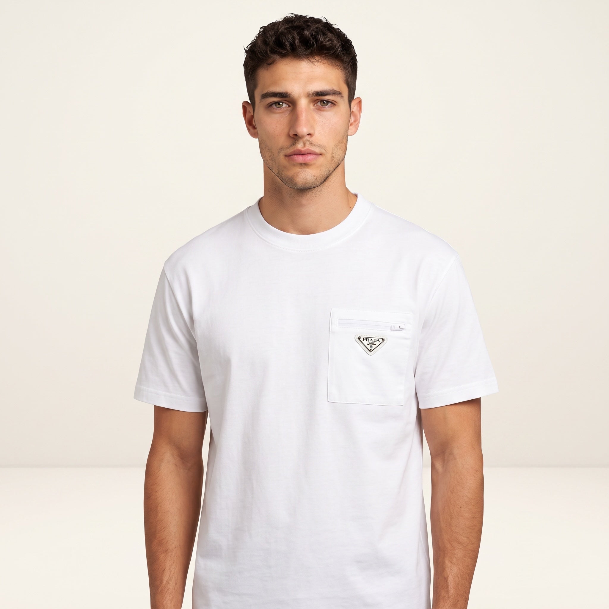 White Prada men's crew neck T-shirt with chest pocket and triangular metal logo plaque
