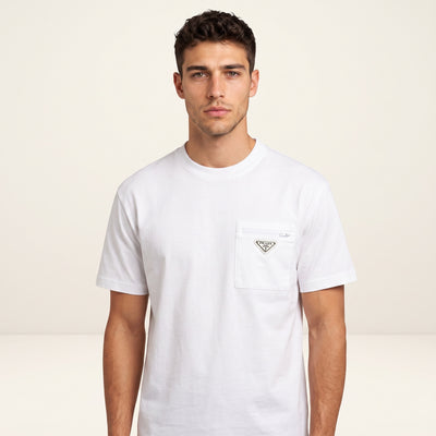 White Prada men's crew neck T-shirt with chest pocket and triangular metal logo plaque