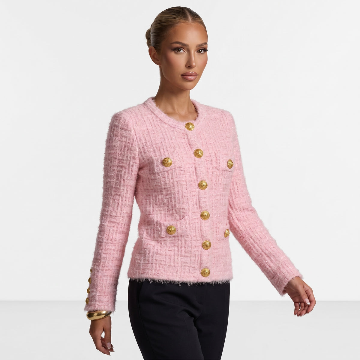 Balmain pink tweed bouclé cardigan with gold buttons