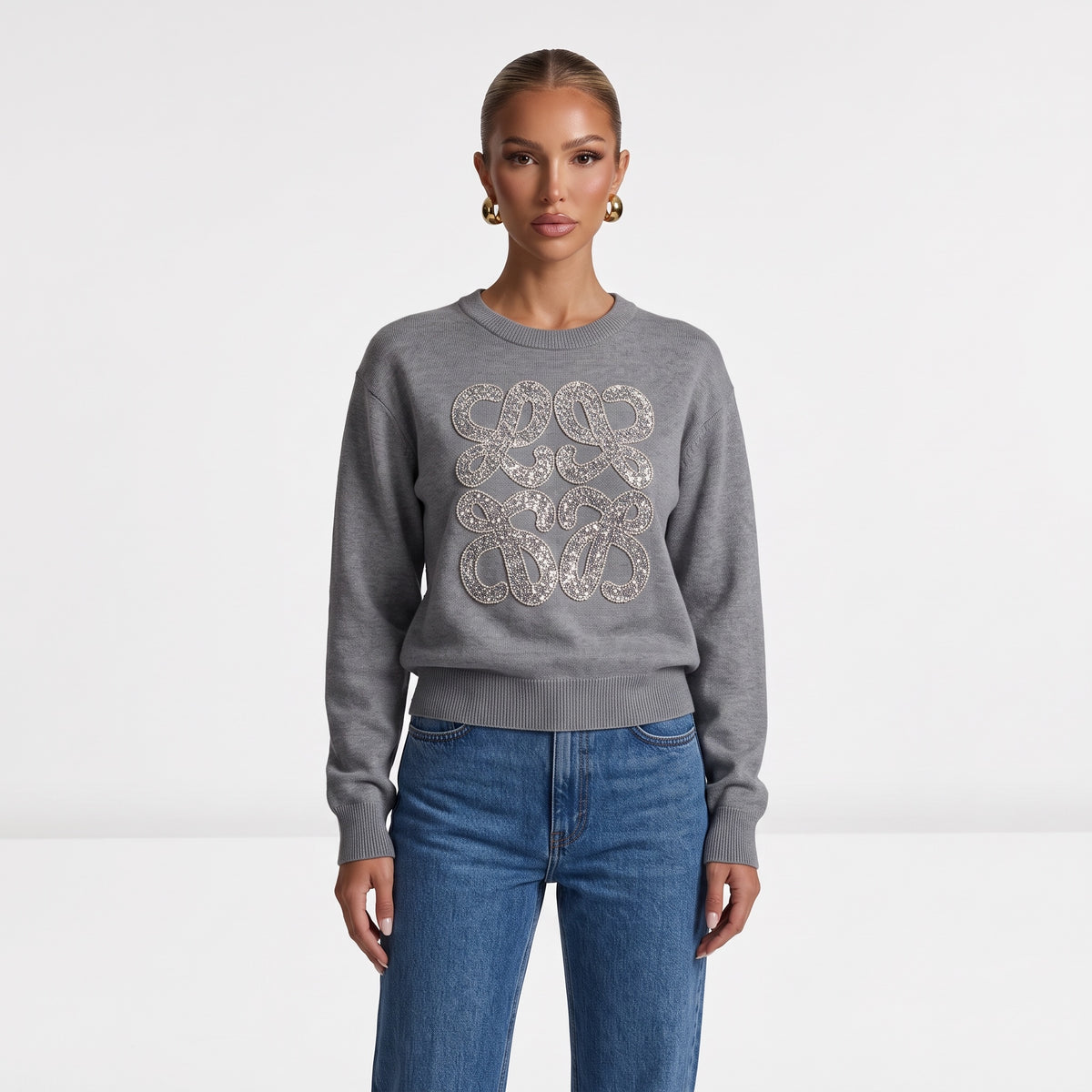 grey Loewe crewneck sweater with crystal Anagram motif