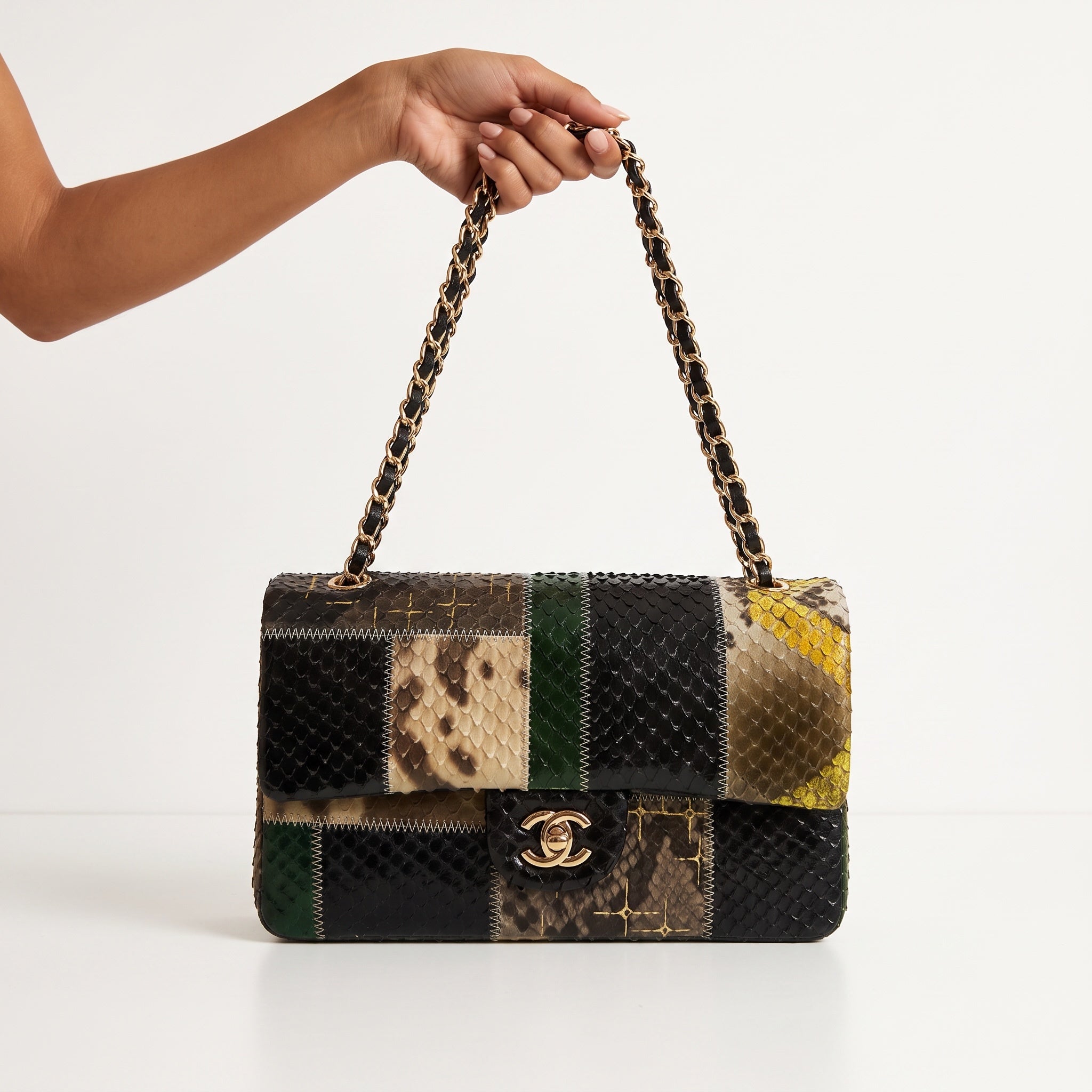 Chanel patchwork snakeskin classic flap bag with gold chain strap and CC turn-lock