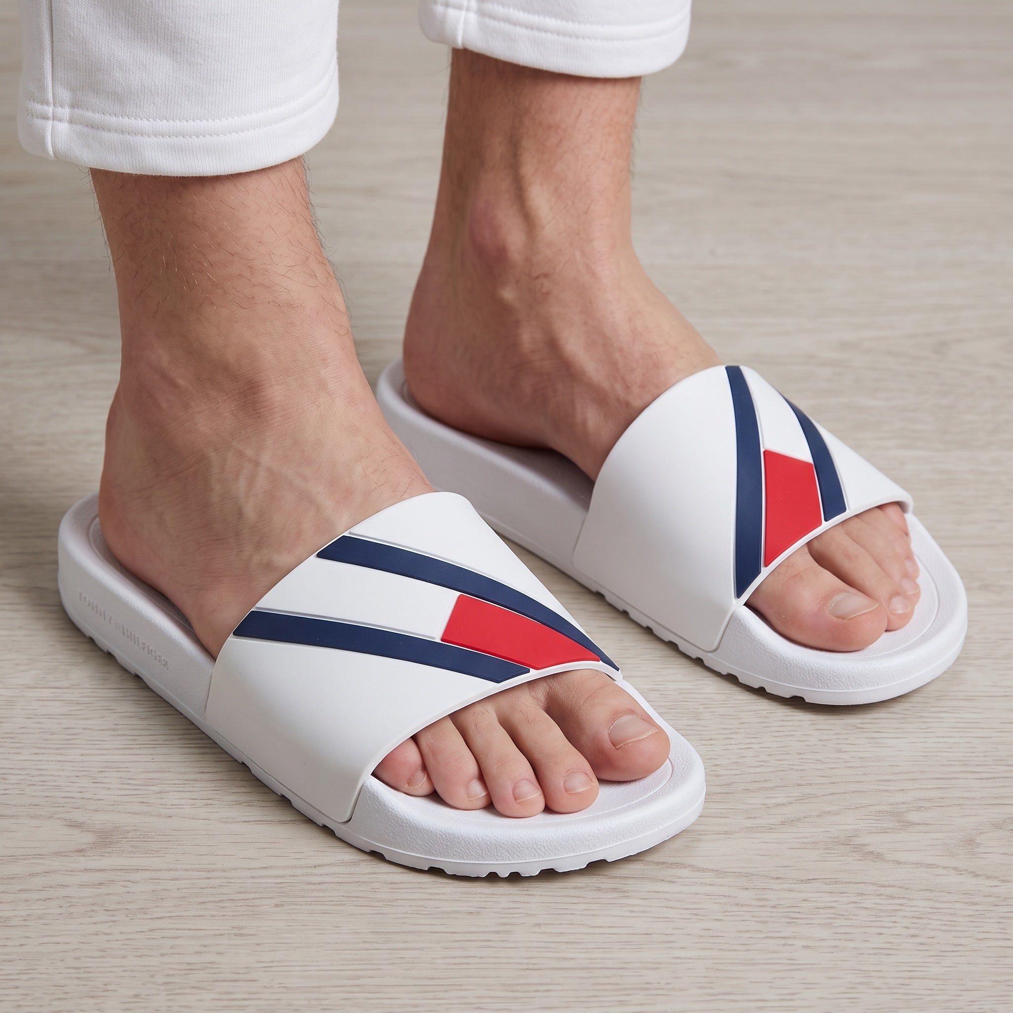 white Tommy Hilfiger slide sandals with navy and red stripe accents