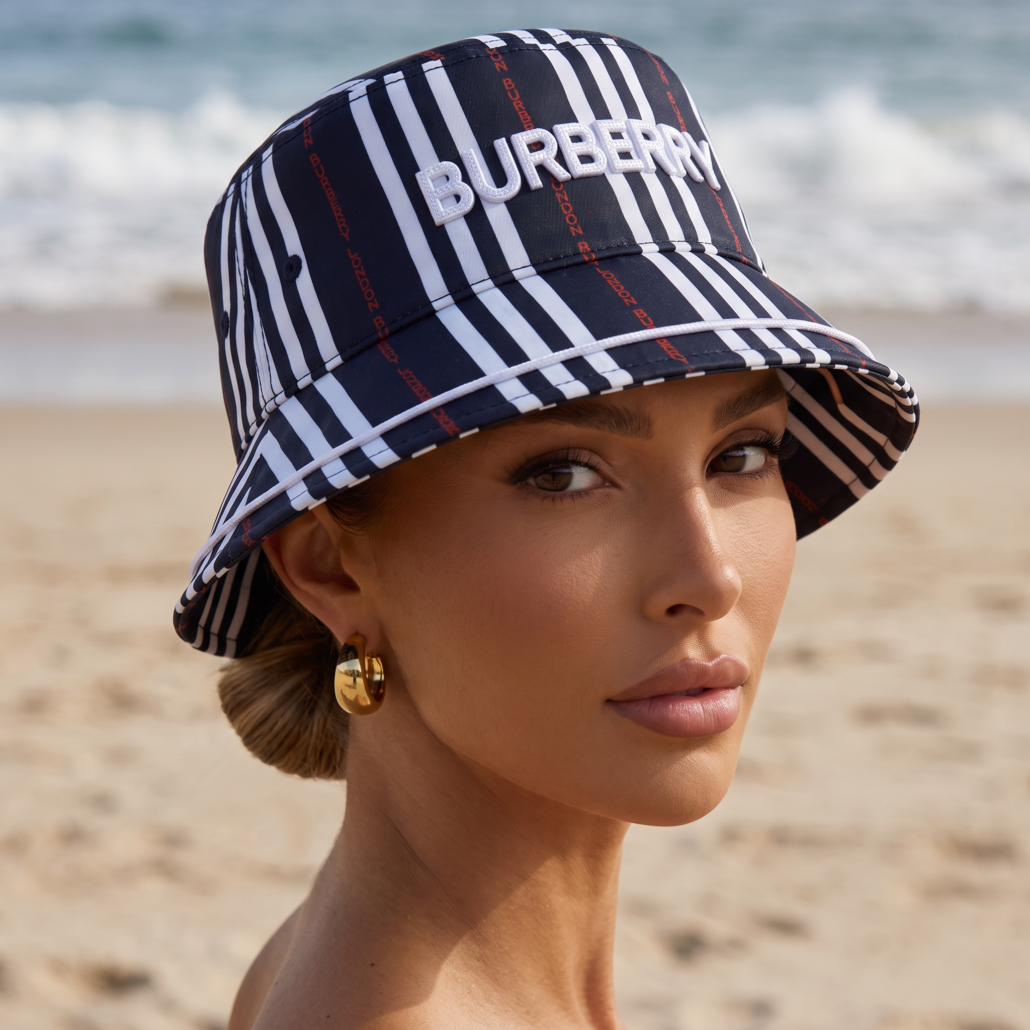 Burberry Striped Bucket Hat – Navy Multi 🖤🤍